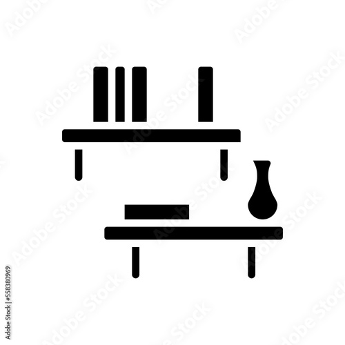 Floating shelf black glyph icon. Wooden furnishing. Decorative shelving. Modern contemporary home furniture store. Silhouette symbol on white space. Solid pictogram. Vector isolated illustration