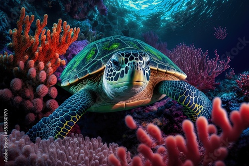 illustration of sea turtle swimming under clean blue ocean water idea concept for environment preservation