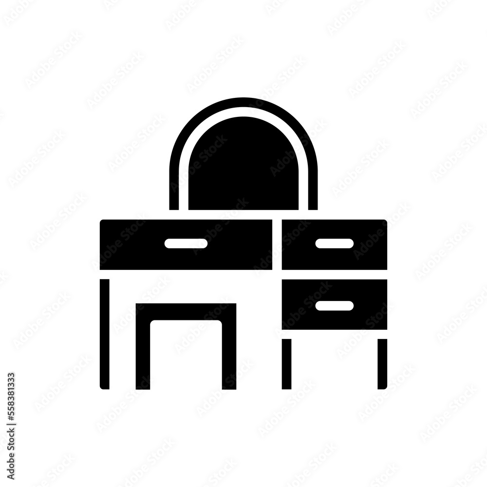 Dressing table black glyph icon. Makeup vanity desk with drawers. Beauty station. Contemporary home furniture store. Silhouette symbol on white space. Solid pictogram. Vector isolated illustration Dressing table black glyph icon. Makeup vanity desk with drawers. Beauty station. Contemporary home furniture store. Silhouette symbol on white space. Solid pictogram. Vector isolated illustration
