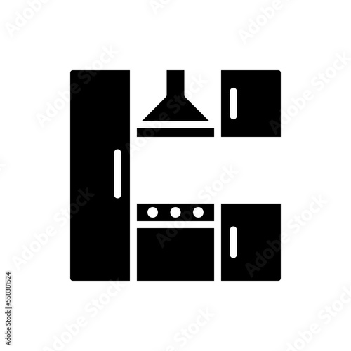 Kitchen set black glyph icon. Countertops and appliances. Refrigerator, stove. Modern contemporary home furniture store. Silhouette symbol on white space. Solid pictogram. Vector isolated illustration