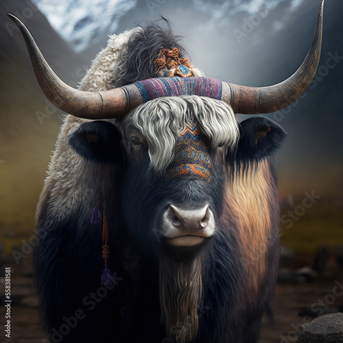 tibetan yak with mountains. generative ai photo