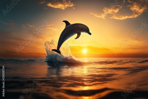 illustration of Bottlenose dolphin jump over ocean surface against sunlight , dusk or dawn beautiful background © QuietWord