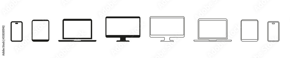 Icon set smart devices vector icon. A collection of device symbols. Television monitor, computer, laptop, tablet, smartphone. Thin line devices. EPS 10 Icon set smart devices vector icon. A collection of device symbols. Television monitor, computer, laptop, tablet, smartphone. Thin line devices. EPS 10