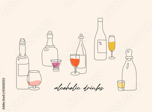 Various bottles and glasses of alcoholic drinks. Wine, champagne, whiskey, liquor, vodka. Hand drawn Vector illustration. All elements are isolated.