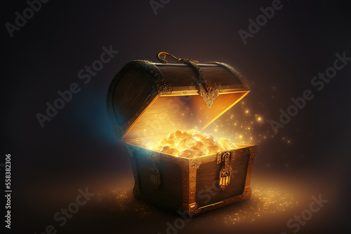 A wooden treasure chest is opening with golden shining lighting reflection inside, it placed at the deep of the cave in dark environment. Generative Ai image.