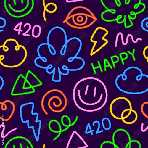 Glowing Neon Lights 420 Cartoon Doodle Seamless Pattern for Cannabis Dispensary or Medical Marijuana Products Package Design Illustration.