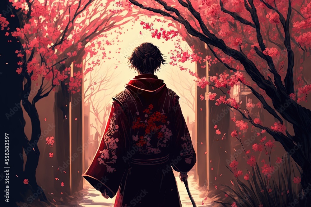 Fototapeta premium illustration beautiful wallpaper atmosphere, beautiful plum or cherry blossom tunnel