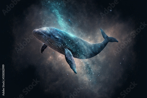Conceptual illustration  of a whale in space with stardust. Generative Ai. © belyaaa
