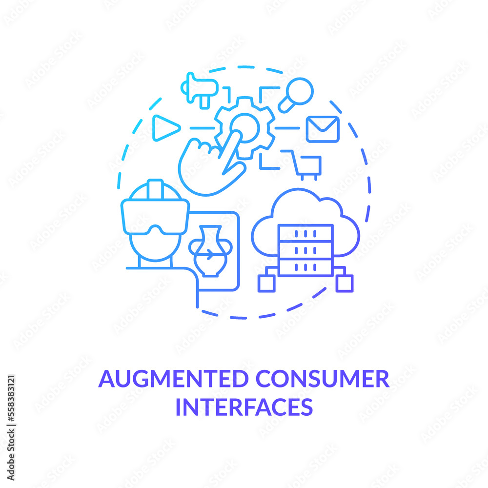 Augmented consumer interfaces blue gradient concept icon. AI and data science solution for business abstract idea thin line illustration. Isolated outline drawing. Myriad Pro-Bold font used Augmented consumer interfaces blue gradient concept icon. AI and data science solution for business abstract idea thin line illustration. Isolated outline drawing. Myriad Pro-Bold font used