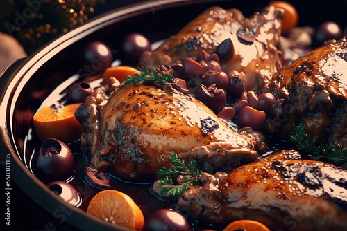 illustration close up shot of Coq au Vin French chicken dish photo