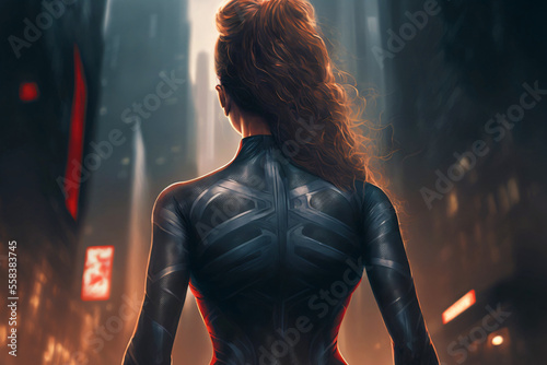 back view of a female superhero in front of a big city with skyscapper,fictional person made with generative ai photo