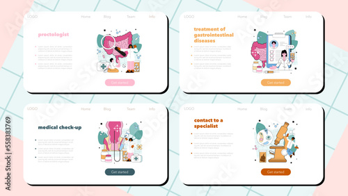 Proctologist web banner or landing page set. Doctor examines and treating