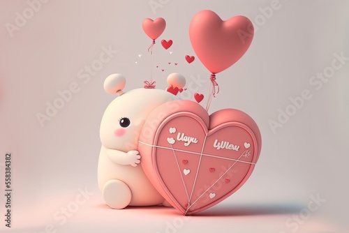 illustration of cute pink pastel abstract Valentine's day background, cute alien character with heart shape