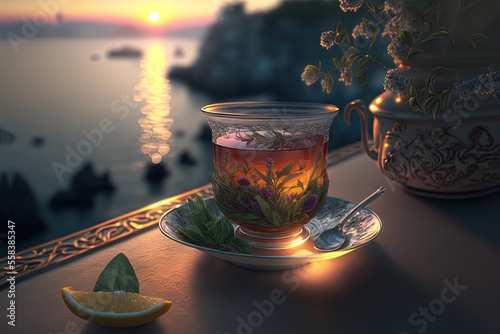 Fotografiet beautiful sea view from luxury balcony on tropical island with a cup of herbal t