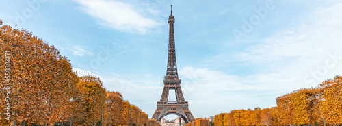 Eiffel Tower and Champ de Mars park on an autumn day