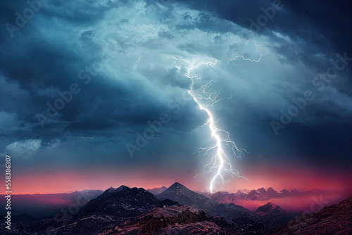 Vast mountains and dark skies, lightning strikes from the thick clouds with Generative AI
