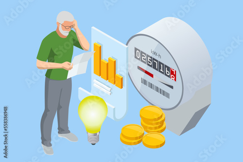 Isometric invoice and electricity meter. Utility bills payment. Electricity consumption expenses. Man paying utility, and electricity bills online