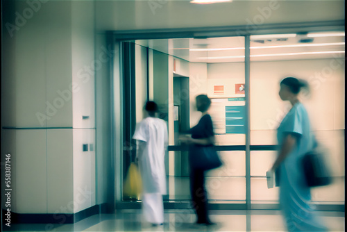 Blurry hospital scene, ideal for healthcare backgrounds with lots of copy space, generative AI