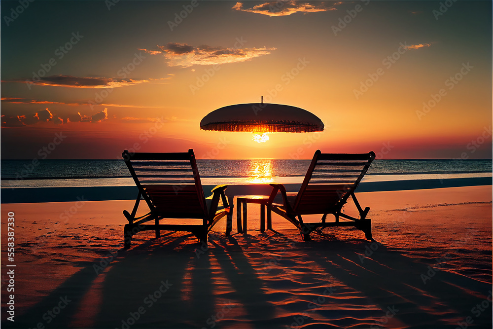 Sunset at the beach with two hammocks oriented to the setting sun, ideal for romantic holiday backgrounds, generative AI