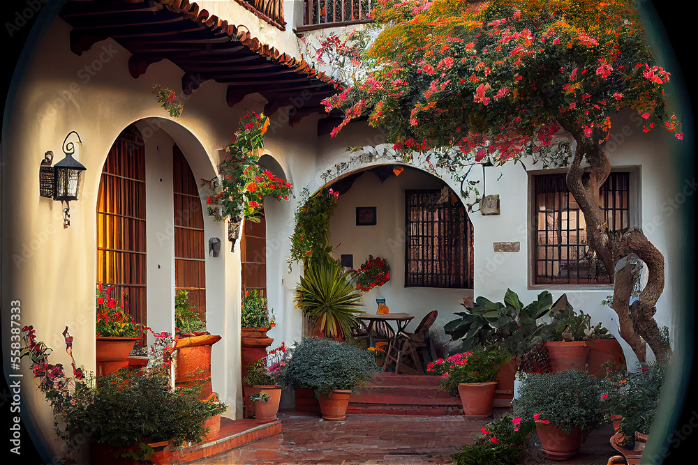 Traditional spanish style patio with lots of plants, generative AI
