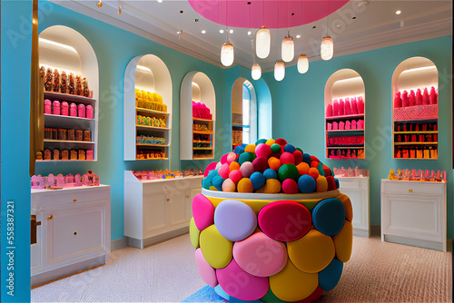 Multicolored candy shop interior, generative AI