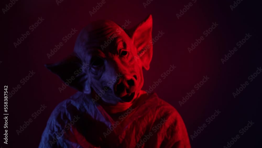 smoke comes from scary man with pig mask horror concept