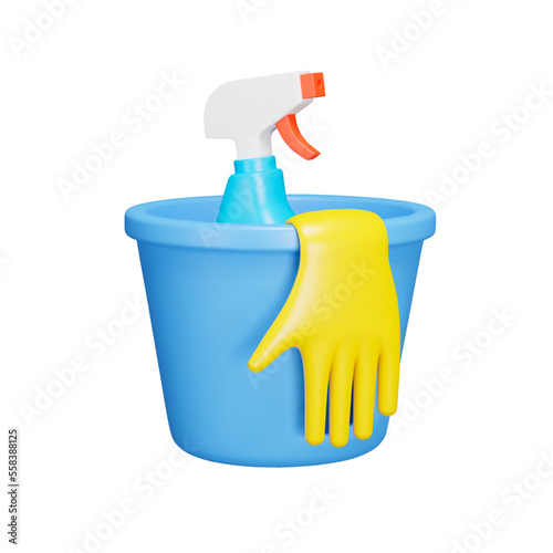 Cleaning agent 3d icon. Bucket with cleaning agent and rubber glove. Isolated object on a transparent background