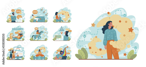 Daydreaming concept set. Young characters dreaming or daydreaming