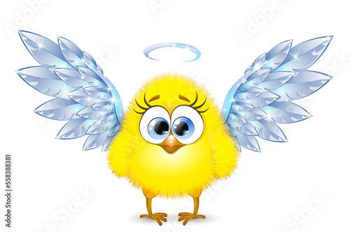 Cartoon funny little Chick angel with shiny nimbus and wings