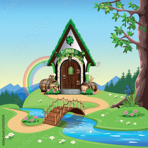 Celebrating St. Patrick's Day. Green leprechaun pub with barrels of beer. Vector illustration of a pub in cartoon style. Template for postcard, poster or media.