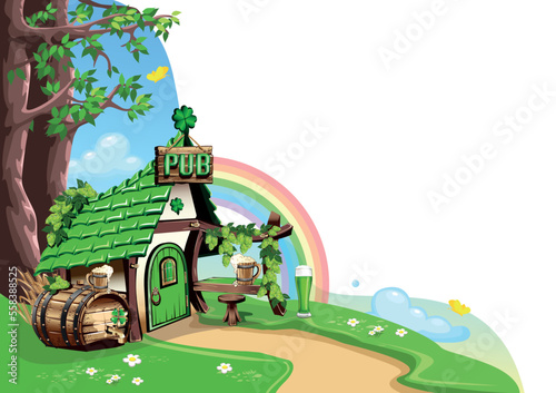Celebrating St. Patrick's Day. Green leprechaun pub with barrels of beer. Vector illustration of a pub in cartoon style. Template for postcard, poster or media.