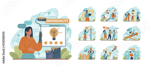 Uniqueness and individuality set. Character standing out from the crowd