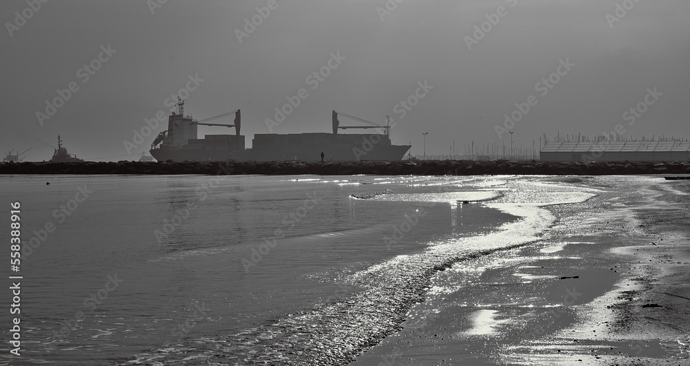 Fototapeta premium A cargo entering in the harbor under a shining sun