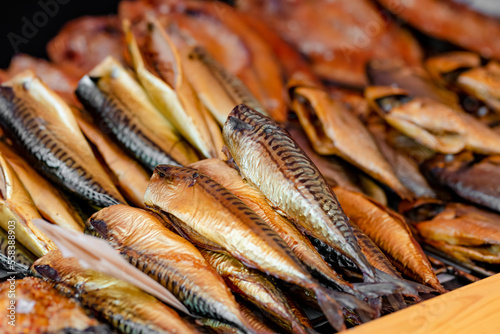 Canvas Print Selection of assorted home made smoked fish on a farmers market in Vilnius, Lithuania