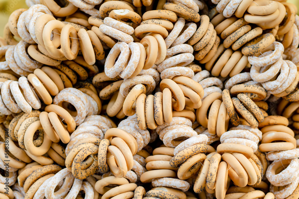 Loaves of organic bagels for sale at outdoor farmers market in Vilnius.