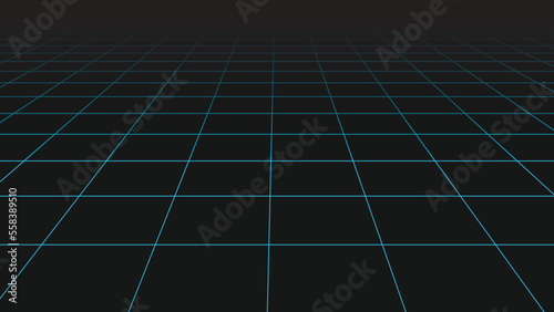 Perspective grid vector. 3D floor space, detailed blue lines on black background. Pattern design, line texture, interior template. EPS 10.