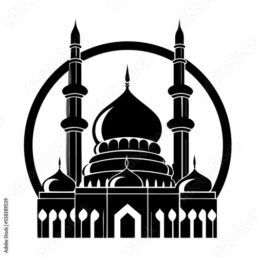 Flat style Muslim mosque silhouette logo template.Vector illustration cartoon design.Beautiful muslim temple icon illustration.Eid Mubarak greetings.Ramadan Kareem.
