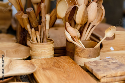 Wooden kitchenware and decorations sold on Easter market in Vilnius