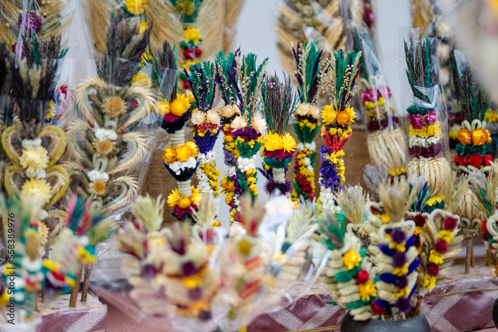 Traditional Lithuanian Easter palms known as verbos sold on Kaziukas, Easter market in Vilnius