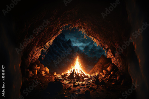 A bonfire flaming in the cave with dark environment without people, adventure scene. Generative Ai image.