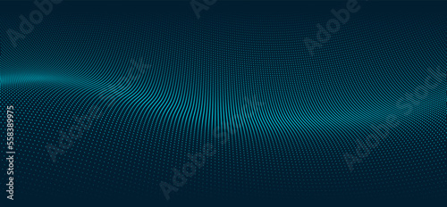 Abstract vector dot wave dark background. Blueprint style futuristic concept background with with smooth wave of particles.