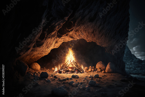 A bonfire flaming in the cave with dark environment without people, adventure scene. Generative Ai image.