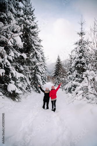 Young girls on snowy wooden...