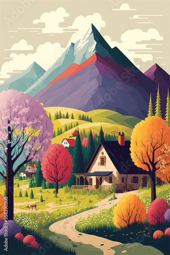 Nature and landscape, Vector illustration of trees, forest, mountains, flowers, plants, houses, fields, farms and villages, illustration for background, card or cover 