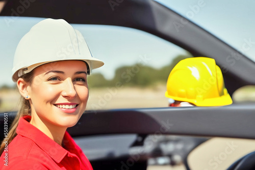 Young white woman wearing a hard hat as an architect or engineer against a blurred background with a construction site, fictional person, made with generative AI