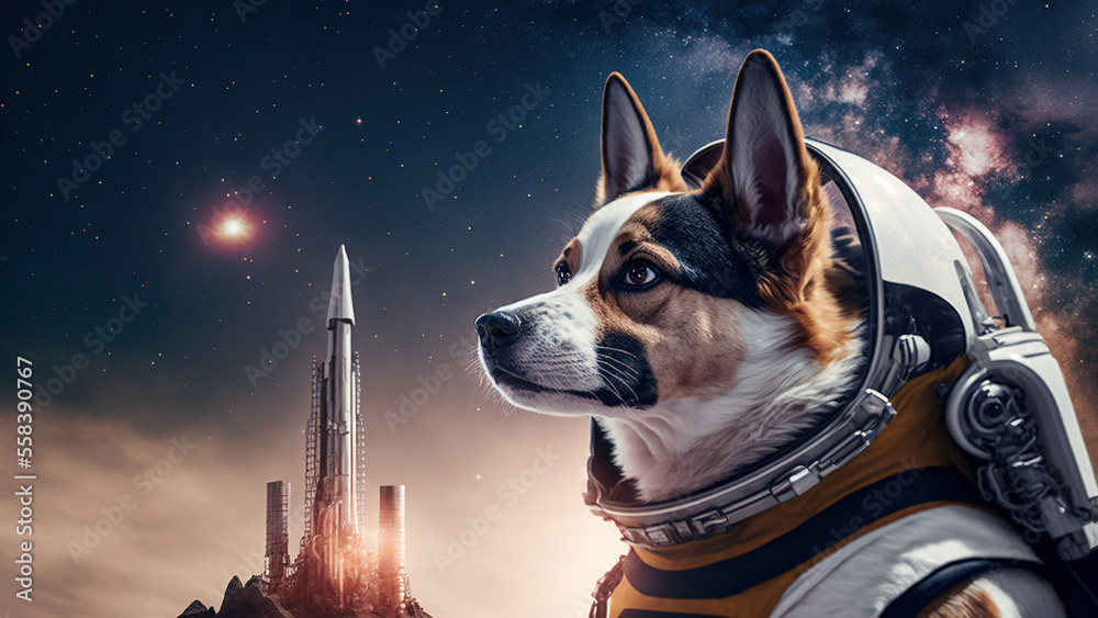 Beautiful Dog Wallpaper in Space, landscape, 4k Stock Illustration
