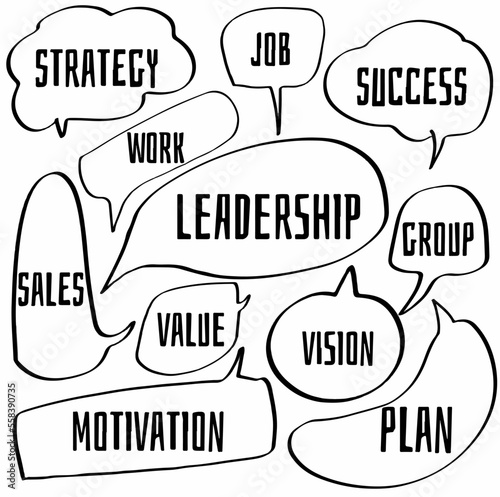 set hand drawn speech bubbles of STRATEGY, WORK, JOB, SUCCESS, LEADERSHIP, SALES, VALUE, GROUP, VISION, MOTIVATION, PLAN. business finance. design vector illustration