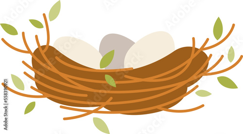 Bird nest of small twigs with chick inside flat icon