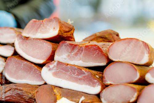 Selection of assorted home made meats, jerky and sausages on a farmers market in Vilnius, Lithuania