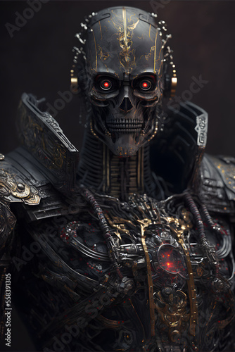 A Portrait of a Terrible Insane Futurist Cybernetic Cyberpunk Robot Wearing A Black Glossy Mechanical Armor, AI Generative